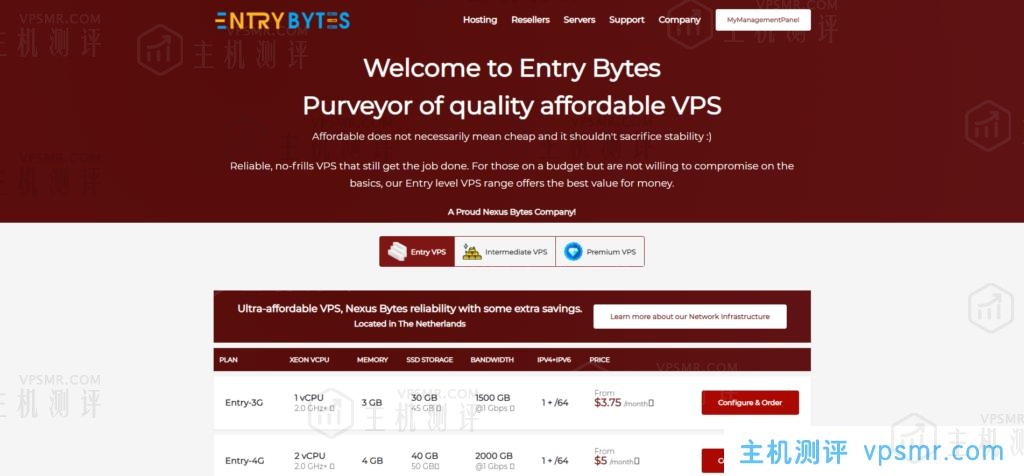 EntryBytes八五折优惠：1核3G内存30GB SSD空间1.5TB月流量1Gbps端口$38.25/年，机房可选荷兰/洛杉矶/纽约