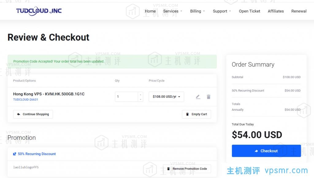 TudCloud香港VPS月付8折年付5折！$54/年/1核1G内存/10G SSD硬盘/500G月流量@50Mbps带宽，中国大陆优化线路